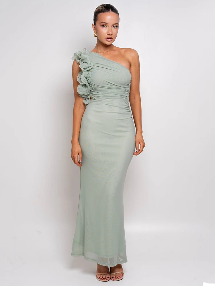 Green One-Shoulder Floral Maxi Dress