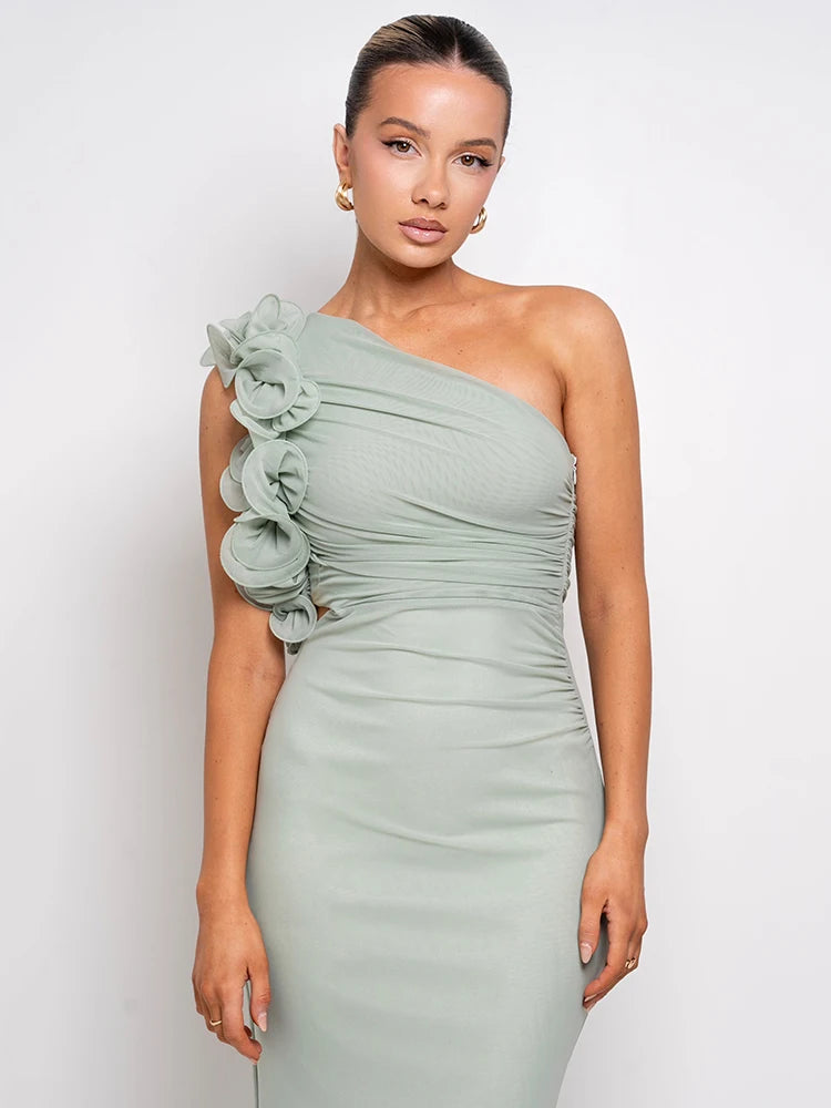 Green One-Shoulder Floral Maxi Dress